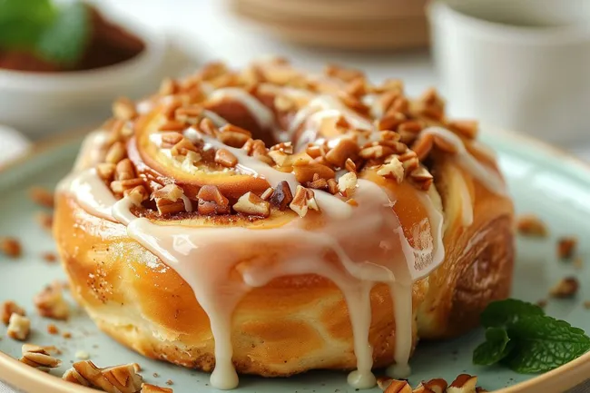 Leckere Zimtschnecke mit Nüssen und Glasur