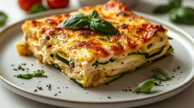 Leckere Zucchini-Hähnchen-Lasagne auf Teller
