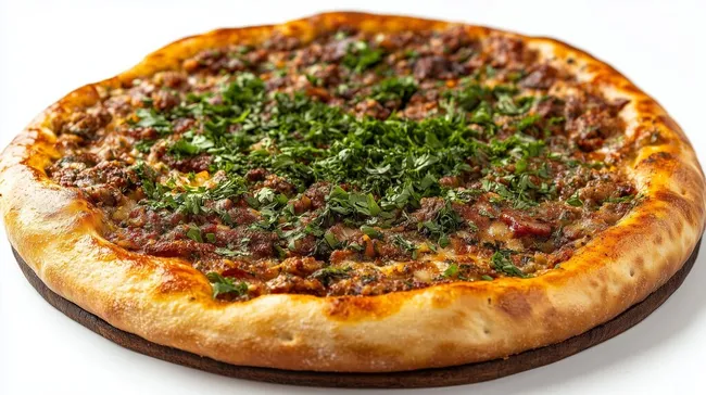 Leckerer armenischer Lahmajun-Fladen mit Hackfleisch und Kräutern