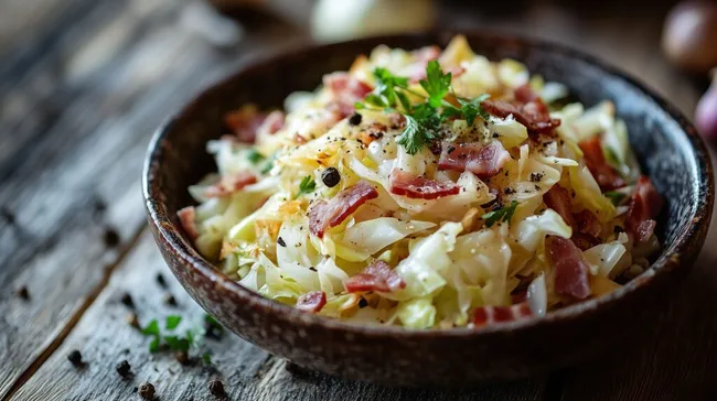 Leckerer Bayrischer Krautsalat mit knusprigem Speck