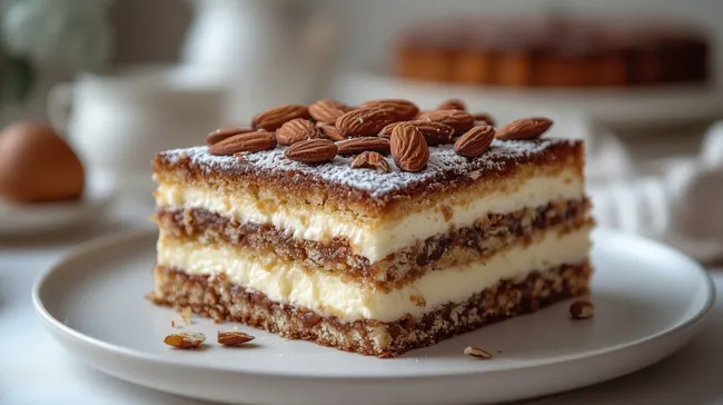 Leckerer Bienenstich-Kuchen mit gerösteten Mandeln