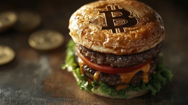 Leckerer Bitcoin-Burger auf rustikalem Holztisch