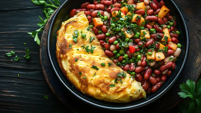 Leckerer Bohnen-Gemüse-Salat mit Omelett