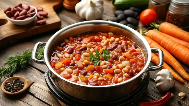 Leckerer Bohnentopf mit Gemüse in rustikaler Schüssel