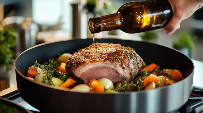 Leckerer Braten mit Gemüse und Bier in moderner Küche
