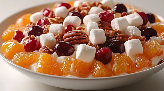 Leckerer bunter Früchteteller mit Marshmallows und Nüssen