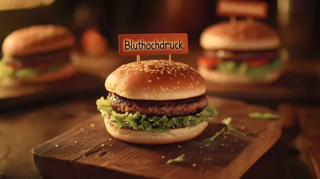 Leckerer Burger mit Bluthochdruck-Warnaufkleber