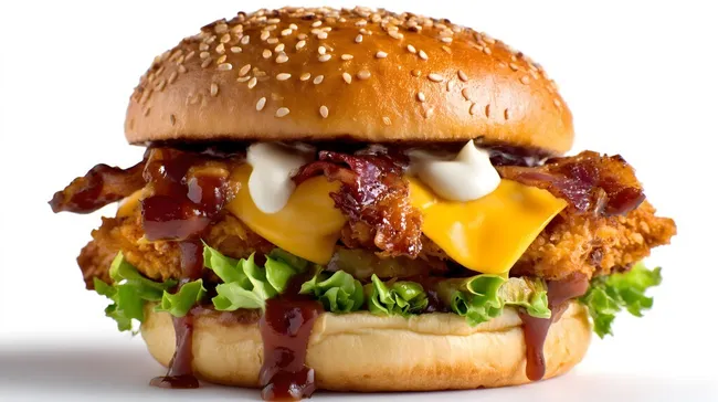 Leckerer Burger mit Käse, Speck und Salat