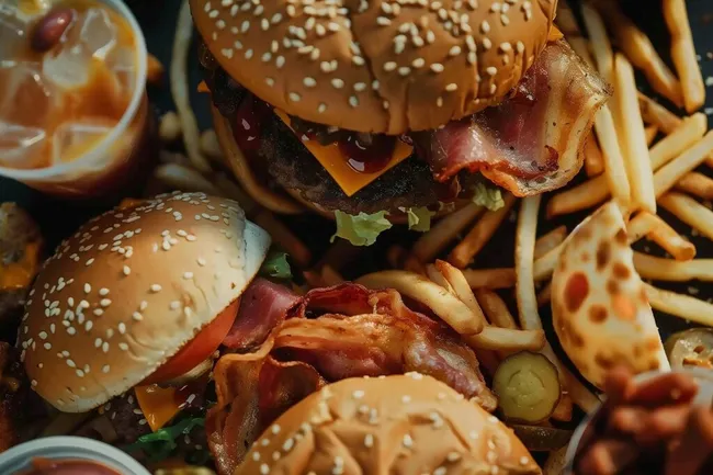 Leckerer Burger mit Pommes und Getränk
