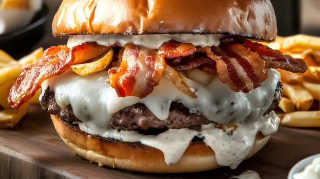Leckerer Burger mit Speck, Käse und BBQ-Sauce