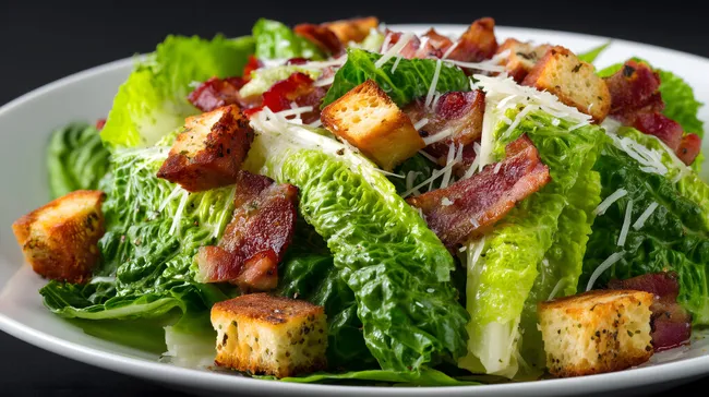 Leckerer Caesar-Salat mit knusprigem Speck und Parmesan