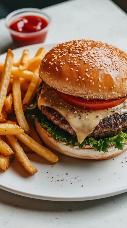 Leckerer Cheeseburger mit goldenen Pommes Frites