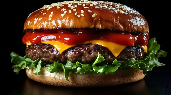 Leckerer Cheeseburger mit Ketchup und Sesam