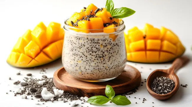Leckerer Chia-Samen-Pudding mit frischen Mangostücken