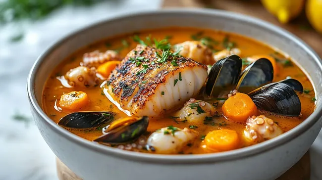 Leckerer Fischsuppe mit Meeresfrüchten in knalliger Tomaten-Safran-Brühe