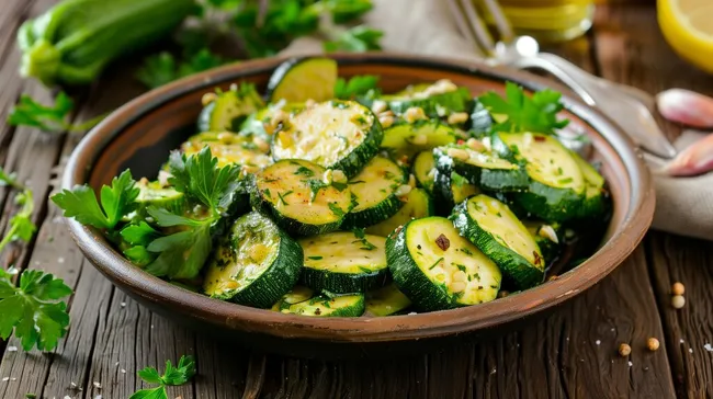 Leckerer, frischer Zucchinisalat mit Knoblauch und Kräutern