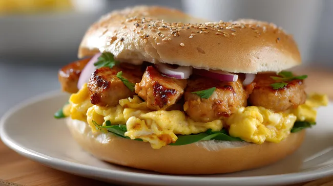 Leckerer Frühstücksbrötchen-Burger mit Ei und Hähnchen