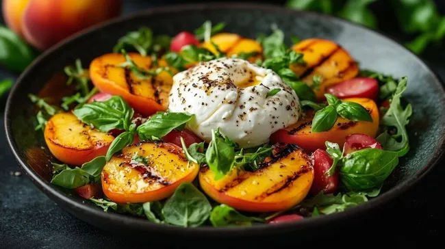 Leckerer, gegrillter Pfirsich-Salat mit Mozzarella und Basilikum