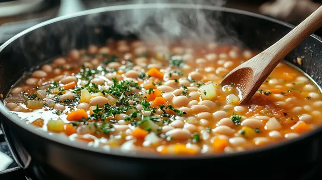 Leckerer Gemüseeintopf in köchelnder Pfanne