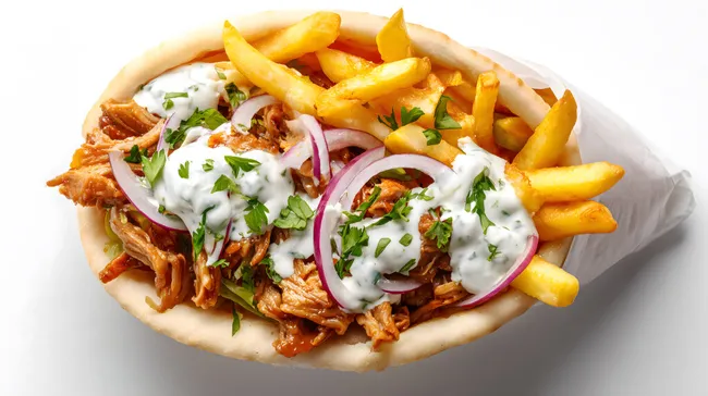 Leckerer Gyros-Pita mit knusprigen Pommes und Zaziki