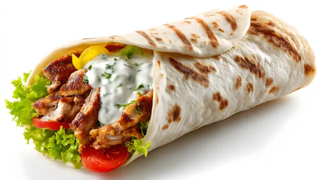 Leckerer Hähnchen-Schawarma-Wrap mit Gemüse und Sauce
