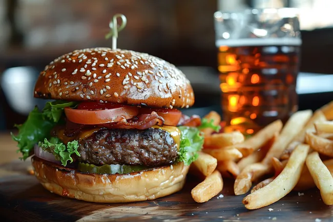Leckerer Hamburger mit Fritten und Getränk