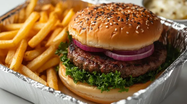 Leckerer Hamburger mit goldenen Pommes in Metalldose