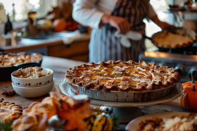 Leckerer hausgemachter Apfelkuchen mit saisonalen Dekorationen