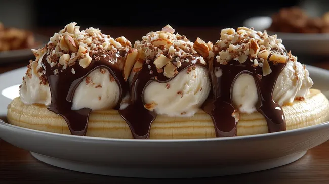 Leckerer hausgemachter Bananensplit mit Eiswaffeln