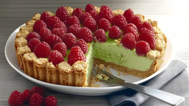 Leckerer Himbeer-Käsekuchen mit grüner Creme