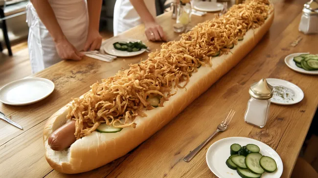 Leckerer Hotdog mit knusprigen Zwiebeln und Gurken