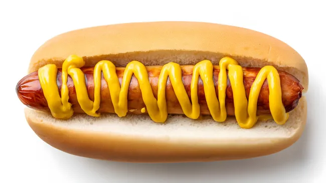 Leckerer Hotdog mit Senf auf weißem Hintergrund