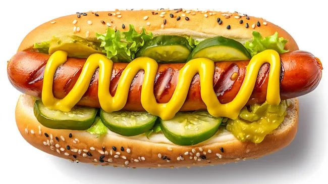 Leckerer Hotdog mit Senf und Gurken auf Sesambrötchen