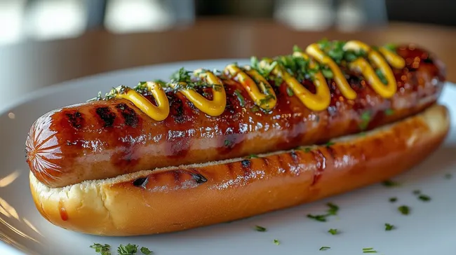 Leckerer Hotdog mit Senf und Kräutern