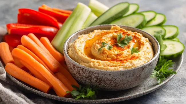 Leckerer Hummus mit frischem Gemüse
