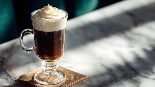 Leckerer Irish Coffee mit Schlagrahm auf Marmortisch