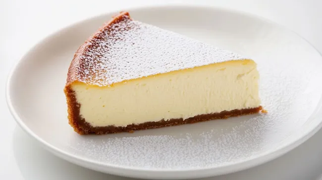 Leckerer Käsekuchen mit Puderzucker auf weißem Teller