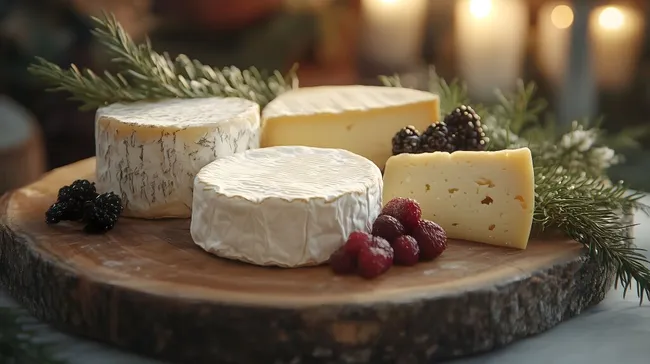 Leckerer Käseteller mit Beeren und Tannenzweigen