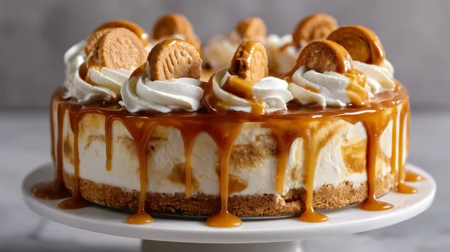 Leckerer Karamell-Cheesecake mit Keksen und Sahne