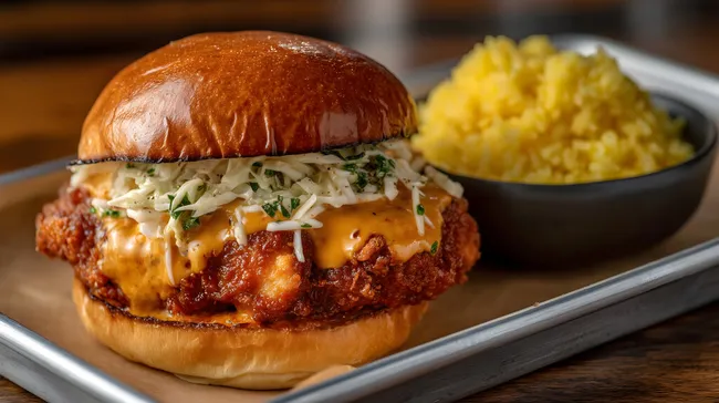 Leckerer, knuspriger Chicken Burger mit Käse und Beilage