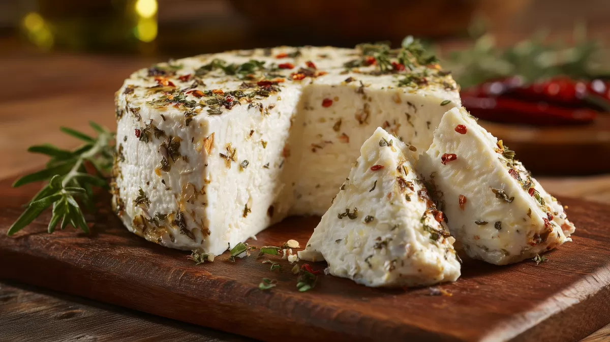 Leckerer Kräuter-Käse auf Holzbrett