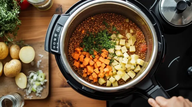 Leckerer Linsentopf in moderner Küchenszene