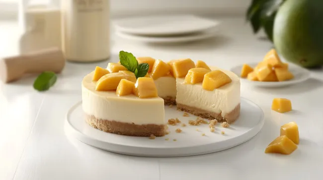 Leckerer Mango-Käsekuchen auf hellem Teller