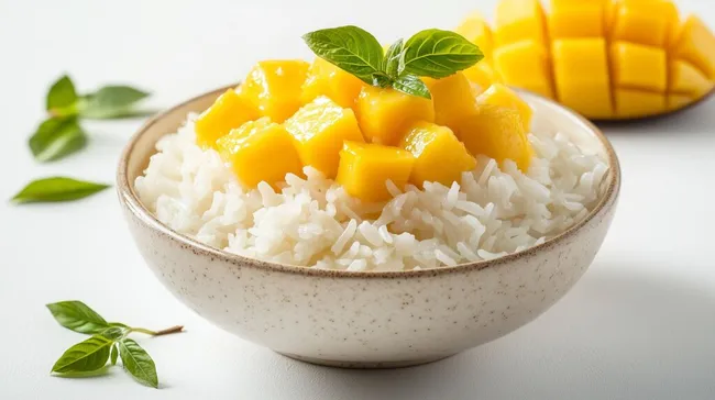 Leckerer Mangokuchen mit Kokosmilchreis