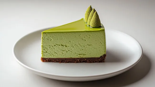 Leckerer Matcha-Käsekuchen auf weißem Teller