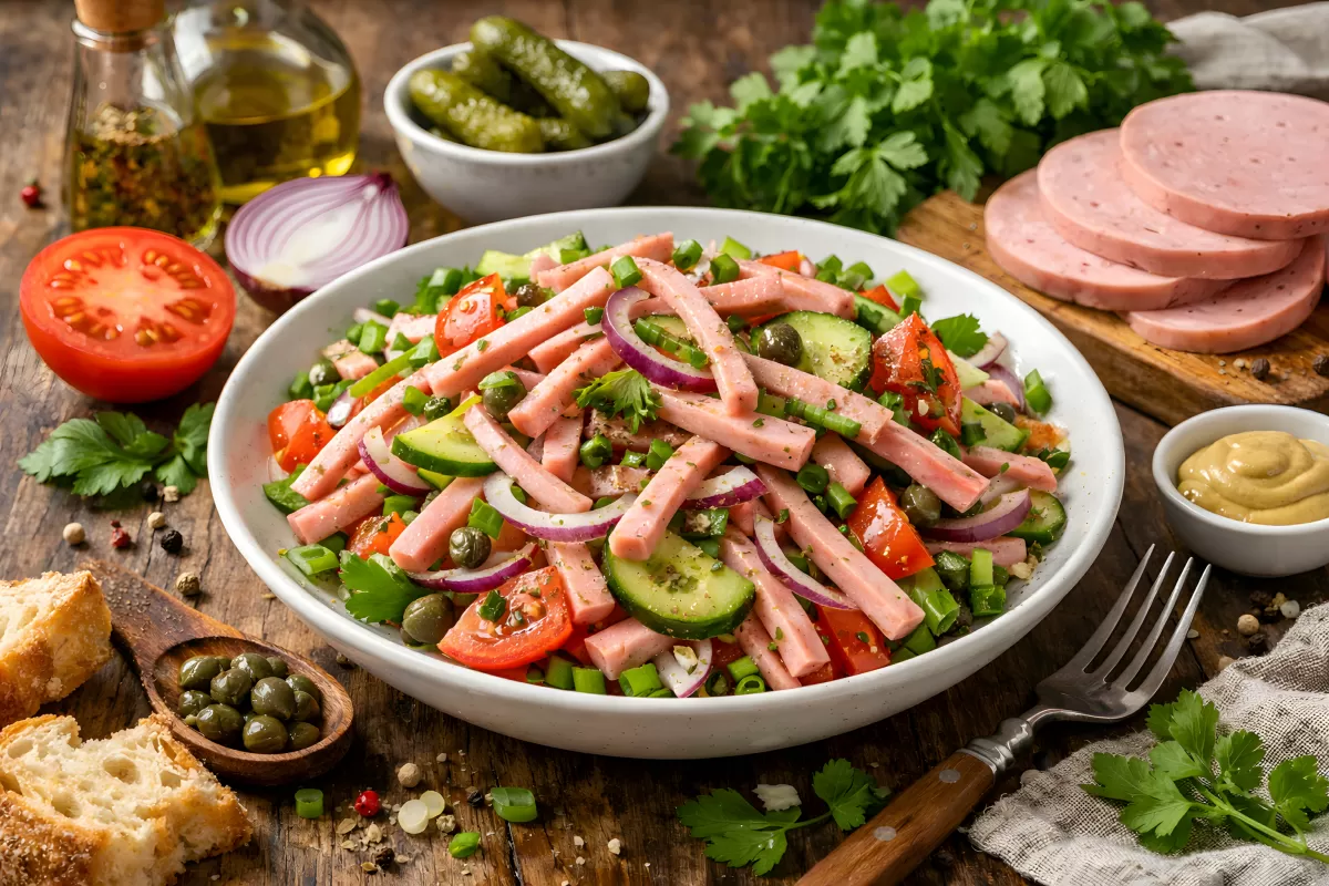 Leckerer mediterraner Salat mit Wurst und Gemüse