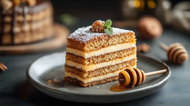 Leckerer mehrstöckiger Honigkuchen mit Nüssen und Minze