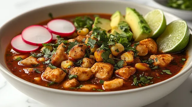 Leckerer mexikanischer Pozole-Eintopf mit Hühnchen und Avocado