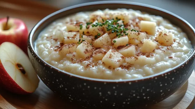 Leckerer Milchreis mit süßen Apfelstücken und Zimt