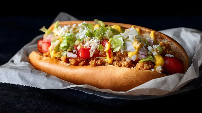 Leckerer mit Soße, Käse und Gemüse belegter Hot Dog